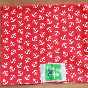 Könnte beinhalten: Roter Stoff mit einem weißen Ankermuster. Der Stoff hat ein grünes Etikett mit dem Text "Fido & You" und eine schwarze Silhouette eines Hundes.