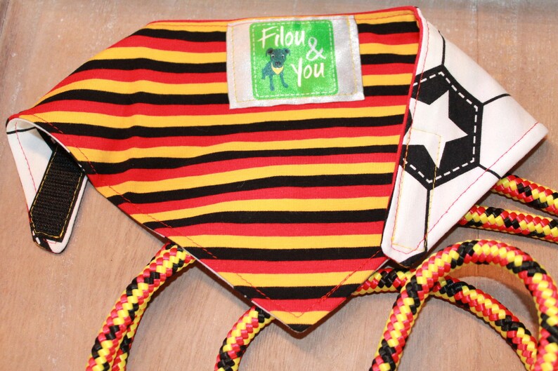 May include: A red, yellow, and black striped dog bandana with a white soccer ball design and a green label that says "Filou & You".