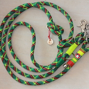 Könnte beinhalten: Eine grüne, rote und gelbe geflochtene Hundeleine mit Mickey-Mouse-Motiv und zwei Metallclips.