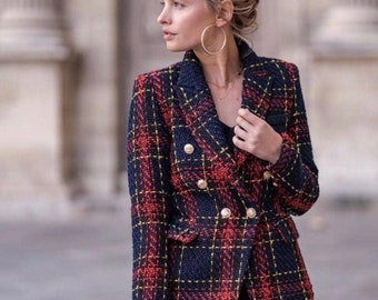 Winter Coat Women Coat and Jacket, Woman Tweed Checkered Jacket Blazer Coat For Women Slim Fit Gift for Girlfriend Mum