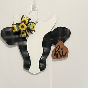 Farmhouse Cow Door Hanger, Rustic Cow Wall Hanger, Black and White Cow Door Hanger, For Front Door, Hand painted Door Hanger, Cow Tag Hanger