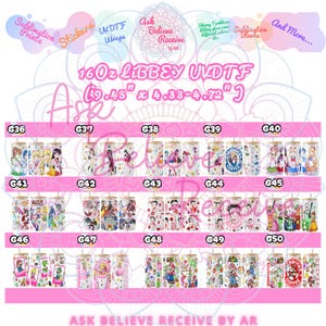 Peut inclure: Collection d'autocollants UVDTF Libbey de 16 oz pour canettes en verre, avec divers motifs. Les autocollants mesurent environ 24 cm de haut et 11-12 cm de large. Les motifs incluent des personnages de dessins anim&eacute;s et des logos. Le texte "Ask Believe Receive" est &eacute;galement visible.