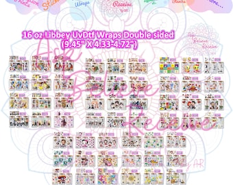 May include: A collection of 16 ounce Libbey glass jars with double-sided UV DTF wraps. The jars are 9.45 inches tall and have a diameter of 4.33 to 4.72 inches. The wraps feature a variety of designs, including anime characters, cartoon characters, and abstract patterns.