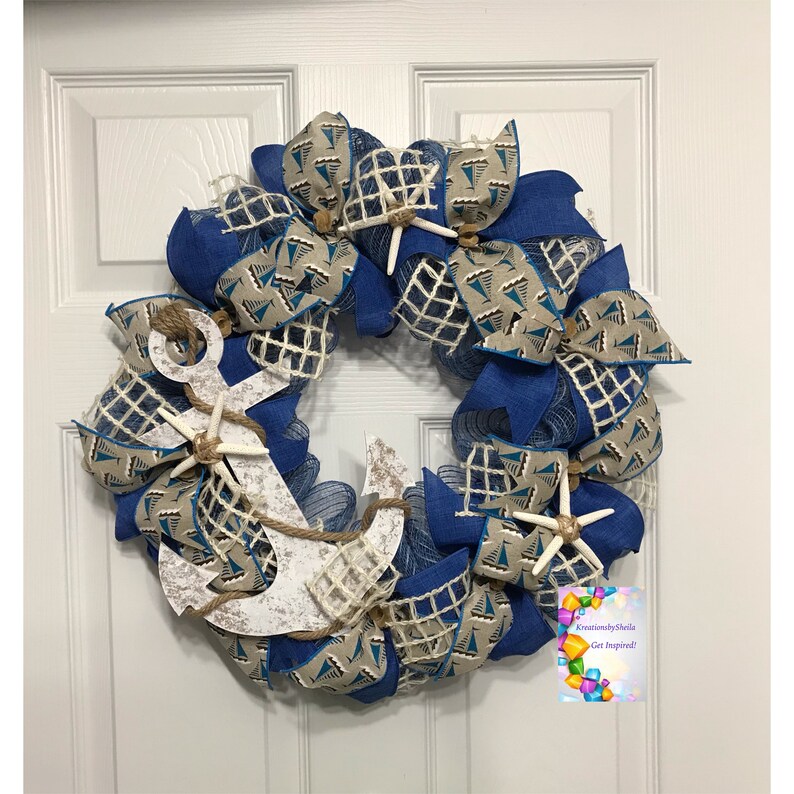 Nautical Wreath, Summer Wreath,Beach Wreath, Anchor Wreath, Sailboat Wreath, Front Door Wreath, Home Decor, Wall Decor, Mesh Wreath