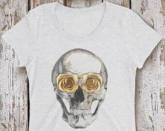 skull with golden roses shirt for womens - halloween shirt - sugar skull shirt