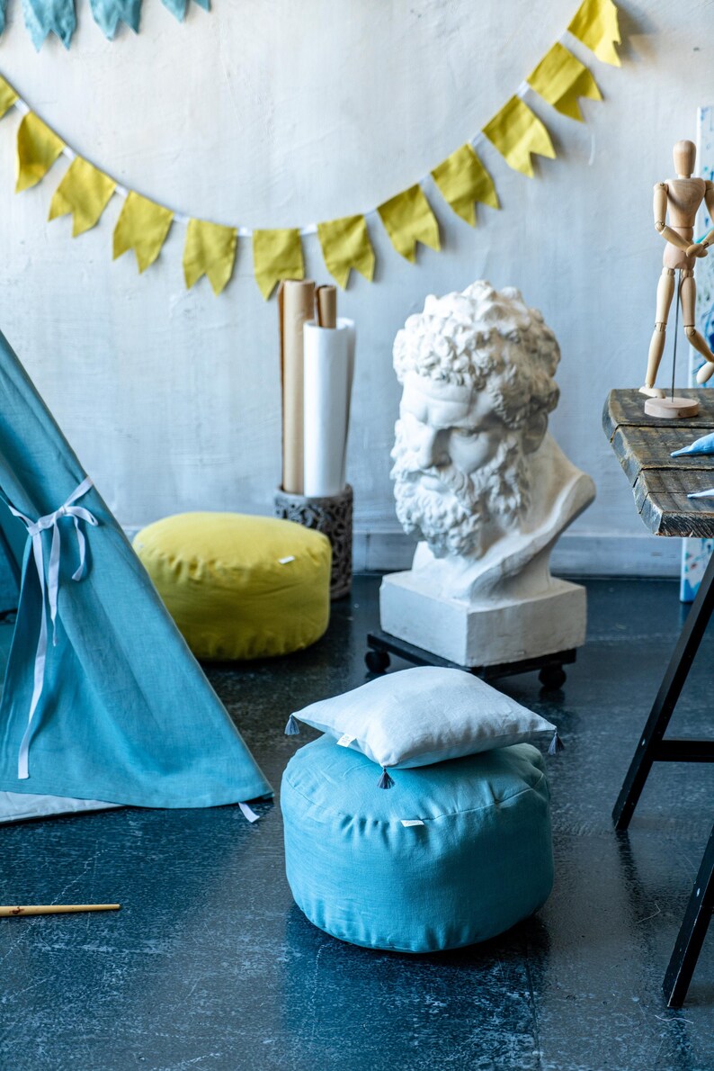 Kids ottoman round pouf toddler nursery pouf blue floor pillow Etsy