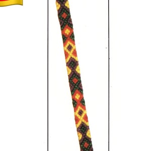 May include: A colorful friendship bracelet with a geometric diamond pattern. The bracelet features a repeating design of red, yellow, green, and purple diamonds. The ends are braided. The German flag is in the upper left corner.