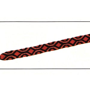 May include: A woven friendship bracelet featuring a repeating geometric pattern in black and orange thread. The bracelet is displayed within a rectangular frame that includes the text Granny's Patterns PDF in the bottom right corner.
