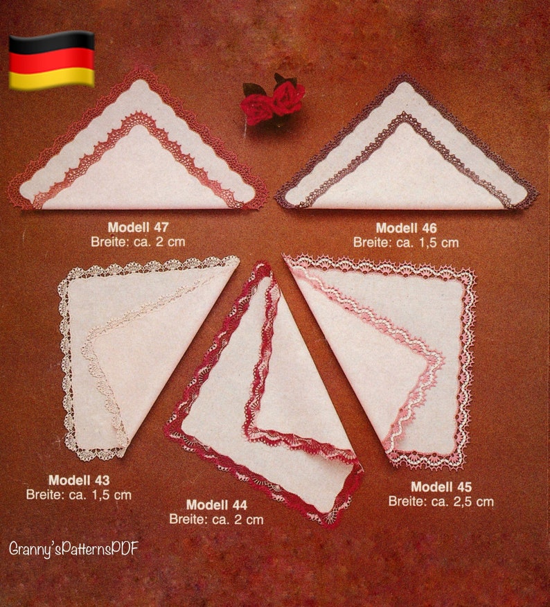 5 pcs Crochet lace trim pattern in German Handkerchief edging DIY lace border crochet graph pattern image 1