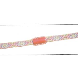 May include: A woven friendship bracelet with a central rectangular coral-coloured bead. The bracelet features a repeating pattern of pink, yellow, and white threads. The ends are finished with braided strands.