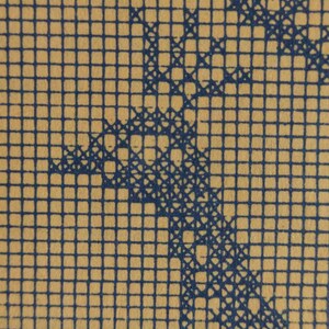 May include: Close-up of a tan paper with a blue grid pattern. A blue, abstract design is overlaid on the grid, creating a textured effect. The design appears to be a stylized representation of a natural form.