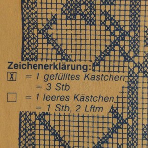 May include: Close-up of a vintage crochet pattern chart with blue grid lines on a tan background. The text "Zeichenerkl&auml;rung" is visible, along with instructions for filled and empty squares, and abbreviations for crochet stitches.