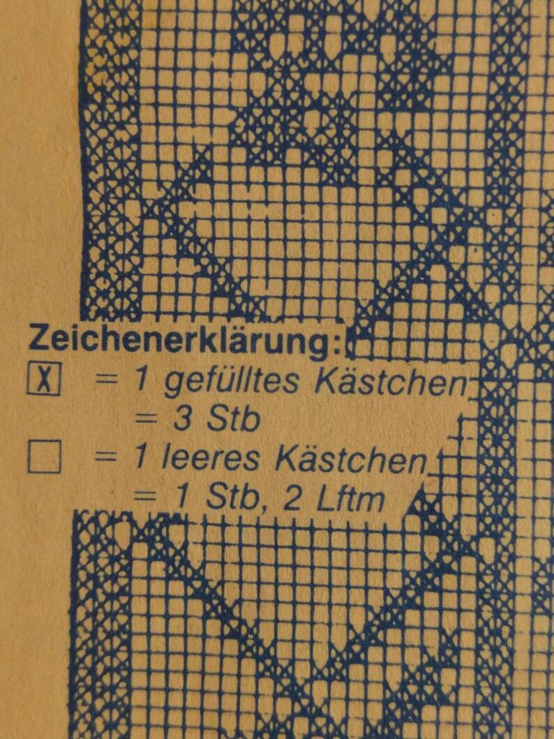 May include: Close-up of a vintage crochet pattern chart with blue grid lines on a tan background. The text "Zeichenerkl&auml;rung" is visible, along with instructions for filled and empty squares, and abbreviations for crochet stitches.