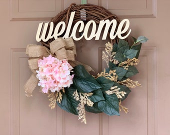 Pink welcome wreath -welcome wreath -pink hydrangea wreath -rustic wreath -Accent wreath-wreaths -year round wreath -front door decor -gift