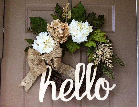 Hydrangeas Wreath , Hello Wreath , Wreath , Grapevine Wreath , Year Round  Wreath , Front Door Wreath , Indoor Wreath , Beige Wreath  