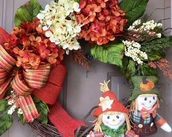 Scarecrow wreath,scarecrow wreath for front door,scarecrow wreath accents,Fall wreath for front door burlap,orange beige wreath ,gift ideas.