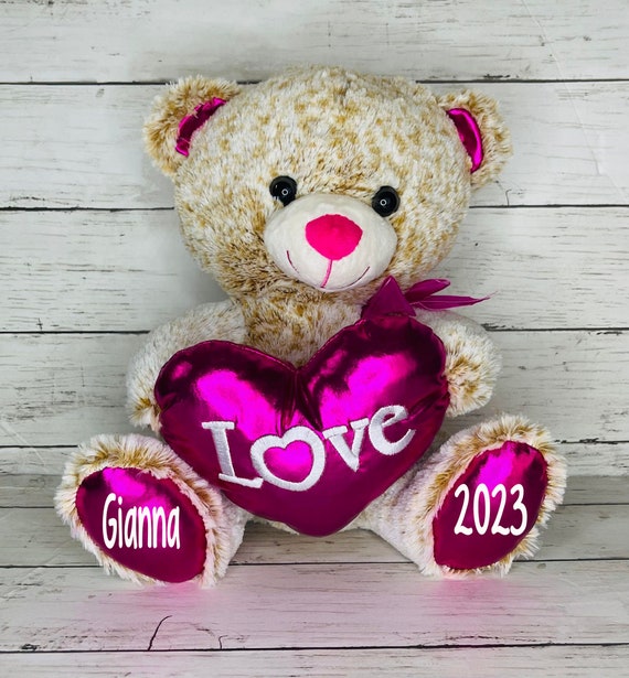 Personalized Valentine Teddy Bear With Rose & Bow - Custom Name/Text Plush Gift For Her/Him, 11 Inch