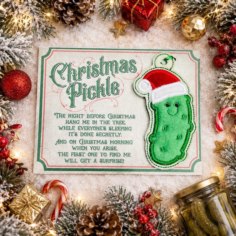 K&ouml;nnte beinhalten: Eine rechteckige Karte mit dem Text Christmas Pickle und einem Gedicht &uuml;ber die Tradition, begleitet von einem gr&uuml;nen Filz-Gew&uuml;rzgurken-Anh&auml;nger mit einer rot-wei&szlig;en Weihnachtsm&uuml;tze. Die Karte ist mit einem dekorativen Rahmen versehen.