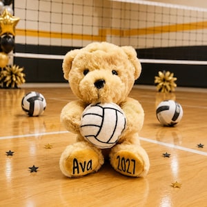 May include: A tan plush teddy bear holding a white volleyball with black lines. The bear has the name Ava printed in black on its left foot and the year 2027 printed in black on its right foot. The bear is sitting on a polished wooden floor.
