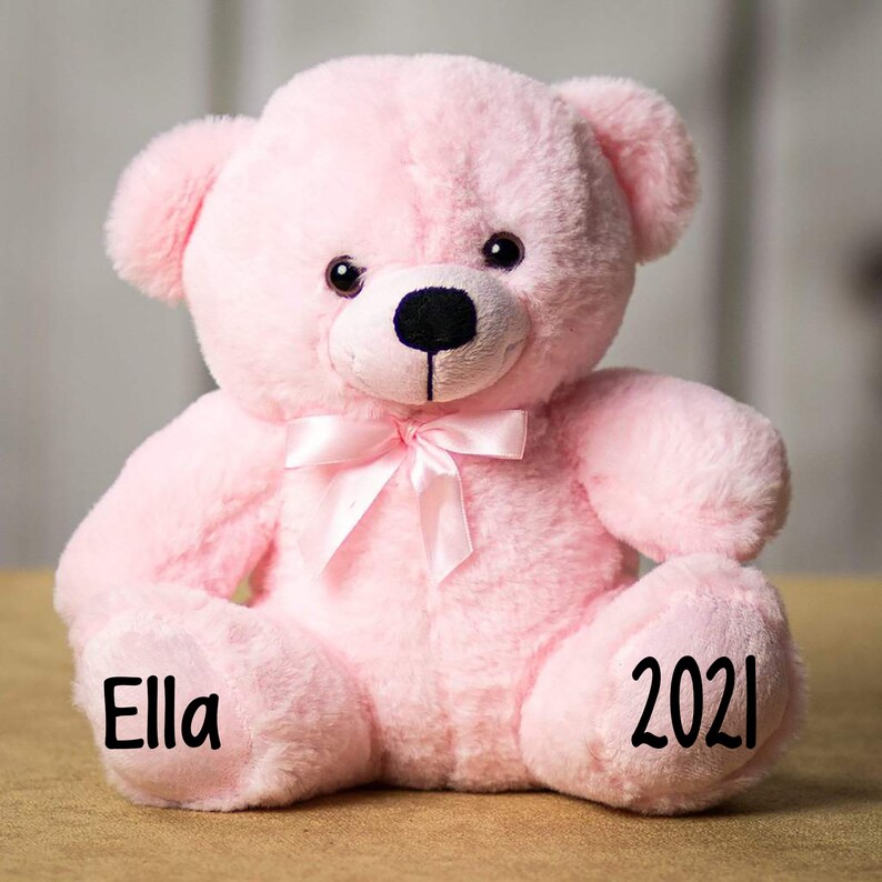 Pu&ograve; includere: Un orsacchiotto di peluche rosa con un fiocco rosa. L'orso ha il nome "Ella" scritto su una zampa e l'anno "2021" scritto sull'altra zampa.