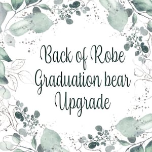May include: A white background with a green leafy border. The text "Back of Robe Graduation Bear Upgrade" is written in the center of the image.
