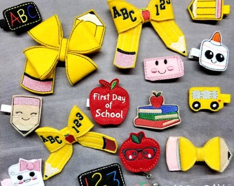 School Hair Bows-School Hair Clips-School badge reels-123-ABC-back to school-first day of school-school days-school wear-pre k-kindergarten