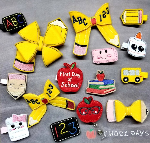 School Hair Bows-School Hair Clips-School badge reels-123-ABC-back to school-first day of school-school days-school wear-pre k-kindergarten