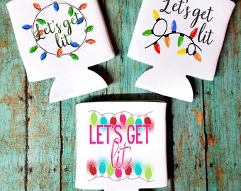 Lets Get Lit Can Cooler-Lit for Christmas-Funny Christmas gift-Christmas Can Cooler-Christmas Party-Christmas Gathering