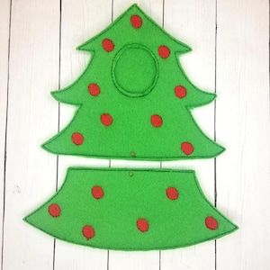 May include: Two felt Christmas tree pieces, one with a hole in the center, both with red felt ornaments.
