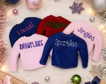 Personalized Elf Sweater -Sweaters for Elves-Christmas Fun-Elf Doll Sweater-Elf Doll-Clothes for Elf--My Favorite Elf Name-Holiday Elf