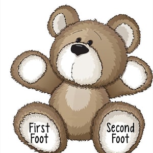 May include: A brown teddy bear with a white belly and white paws. The bear is sitting with its arms outstretched. The words "First Foot" are written on the left paw and "Second Foot" are written on the right paw.