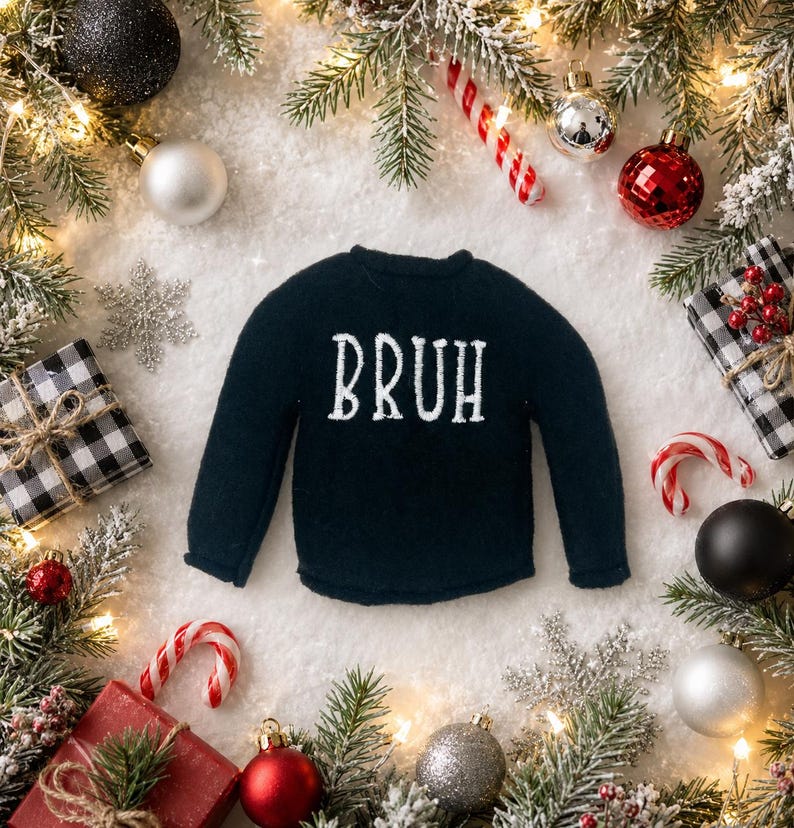 Bruh Elf Sweater-Sweaters for Elves-Christmas Fun-Elf Doll Sweater-Elf Doll-Clothes for Elf-Ice Skating Elf Costume-Trendy Elf Sweater image 1