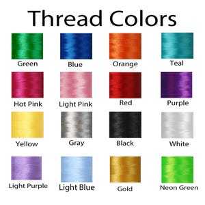 May include: A chart showing 16 different thread colors, including green, blue, orange, teal, hot pink, light pink, red, purple, yellow, gray, black, white, light purple, light blue, gold, and neon green.