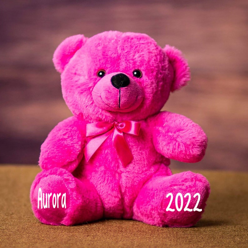 Pu&ograve; includere: Un orsacchiotto rosa con un fiocco rosa, seduto su una superficie marrone. L'orsacchiotto ha il nome "Aurora" ricamato su una zampa e l'anno "2022" sull'altra.