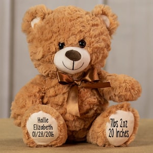 May include: A brown plush teddy bear with a brown satin bow. The bear's paws have personalized embroidery that reads "Hallie Elizabeth 01/28/2016" and "7lbs 2oz 20 Inches".