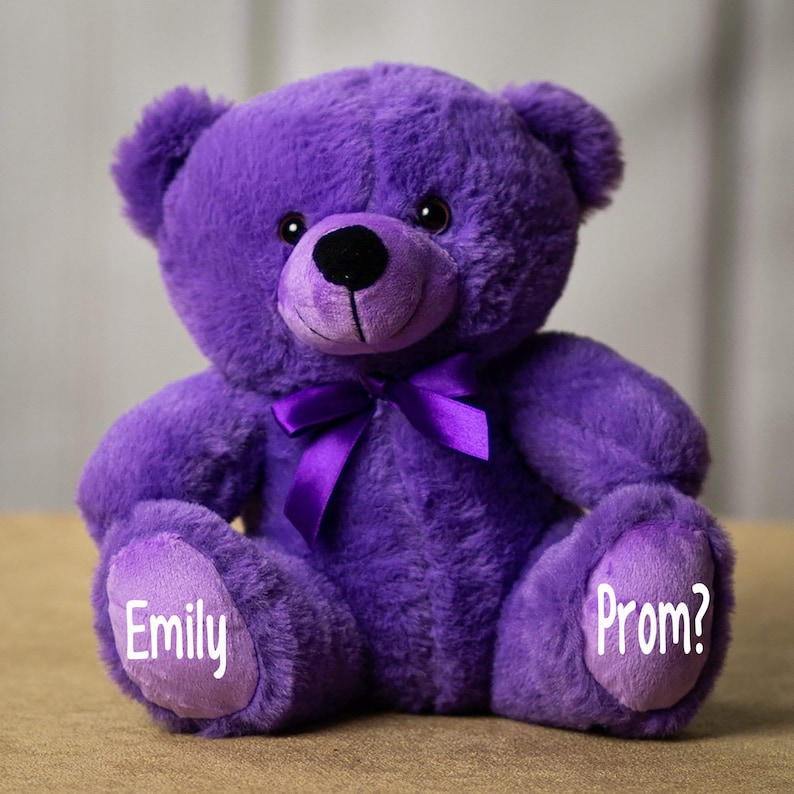 Pu&ograve; includere: Orso di peluche viola con un fiocco viola. L'orso ha le parole "Emily" e "Ballo?" scritte sulle sue zampe.