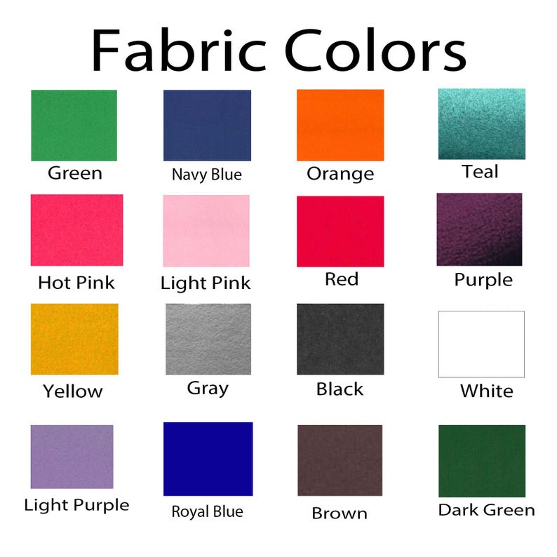 May include: Fabric color swatches in 14 different colors, including green, navy blue, orange, teal, hot pink, light pink, red, purple, yellow, gray, black, white, light purple, royal blue, brown, and dark green.