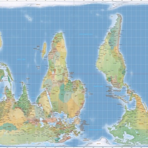 May include: A South-up world map featuring the Gall-Peters equal-area projection. The map displays continents in shades of green, yellow, and tan against a blue ocean background, with text in the upper right corner reading South-up Map of the World.