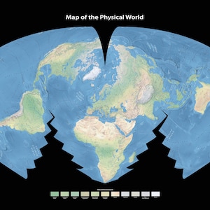 Map of the Physical World (Philbrick Sinu-Mollweide) on a black background