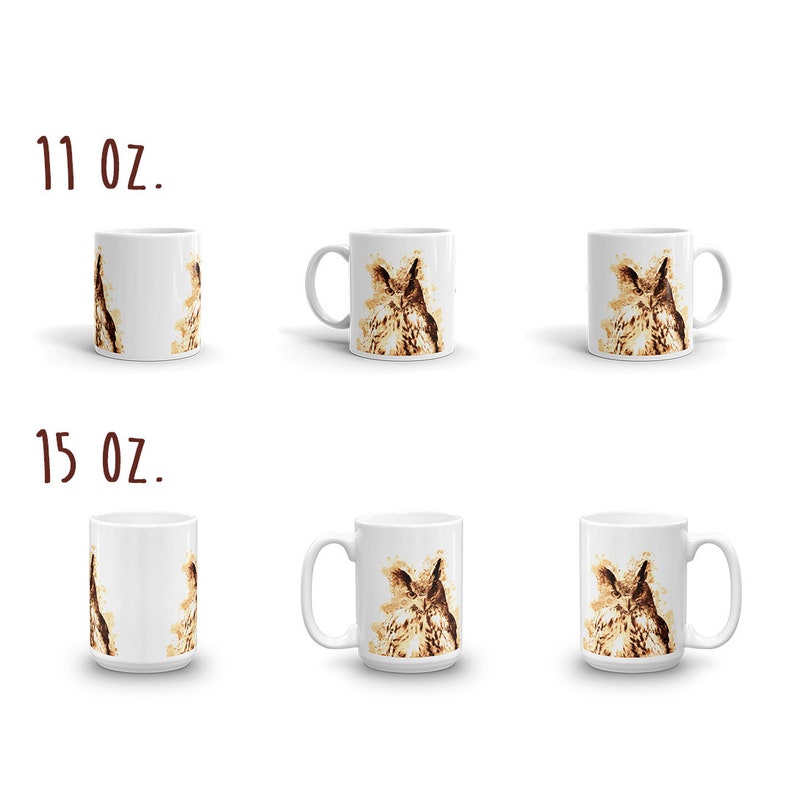 May include: White ceramic mugs with a watercolor owl design in shades of brown and gold. The mugs are available in 11 oz and 15 oz sizes. The owl illustration is on the front and side of the mugs.