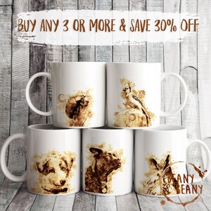 May include: White ceramic mugs with animal and bird illustrations in shades of brown. The mugs feature a dog, owl, and bird designs. Text on the image reads "BUY ANY 3 OR MORE & SAVE 30% OFF" and "BEANY BEANY".
