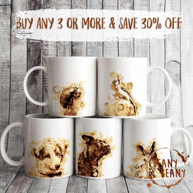 May include: White ceramic mugs with animal and bird illustrations in shades of brown. The mugs feature a dog, owl, and bird designs. Text on the image reads "BUY ANY 3 OR MORE & SAVE 30% OFF" and "BEANY BEANY".