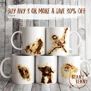 May include: White ceramic mugs featuring sepia-toned animal illustrations: a dog, a bird, an owl, and a dog. The mugs have a curved handle and the text "BUY ANY 3 OR MORE & SAVE 30% OFF". The brand name "BEANY BEANY" is also visible.
