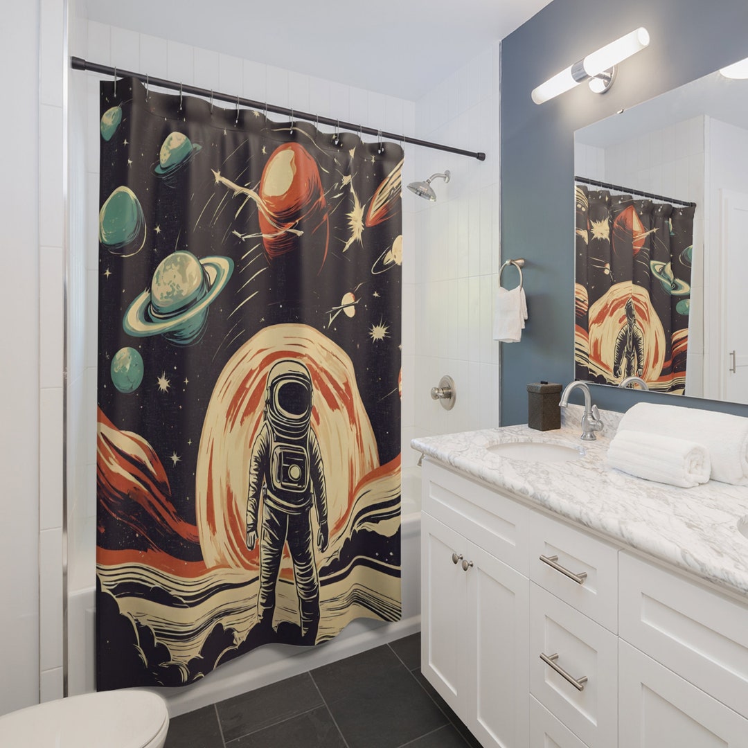Astronaut Shower Curtain Boys Space Bathroom Girls Space Etsy