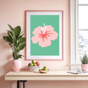 Pink Hibiscus Flower Print,  Minimal Tropical Art, Bright Abstract Flower Wall Art, Modern Pink and Green Prints, Cute Trendy Wall Art