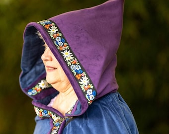 English Renaissance Deep hooded blue and purple velour cape with floral embroidered trim and ornate hook and eye closure.  Superior  Quality