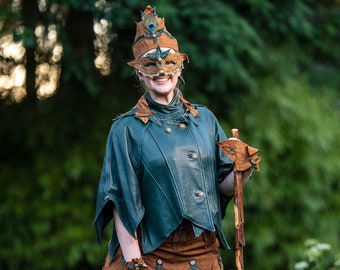 Leaf Costume: Leather Faerie Outfit with Coat, Skirt, Boots, Mask, and more. Upcycled