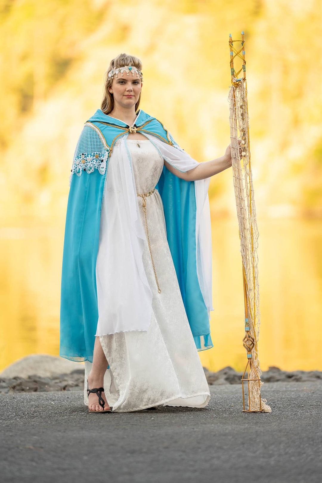 Sea Goddess Costume: Blue Cloak, White Dress, Gold Belt & Headband Upcycled  - Etsy