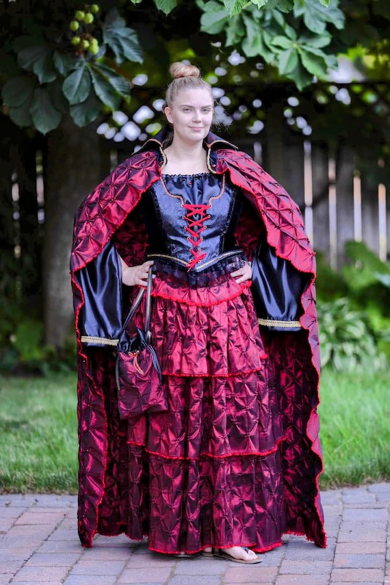 5 Pc. Pirate or Vampire Costume. Cloak, Full Skirt, Peasant Blouse, Corset  Vest and Satchel. Color Changing Red Sateen Cloak/skirt. M XL 