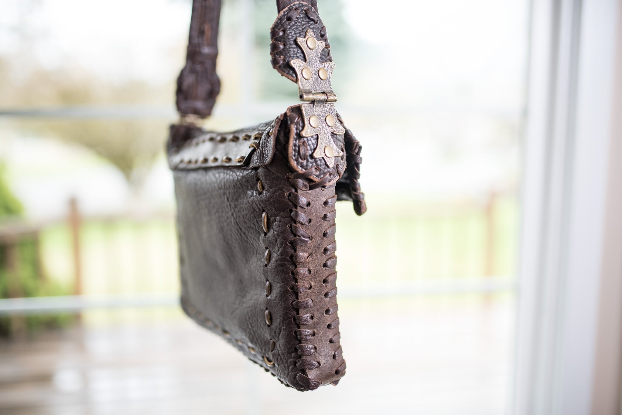 Weathered Brown Leather Shoulder Bag: Medieval Style, Hand Stitched ...